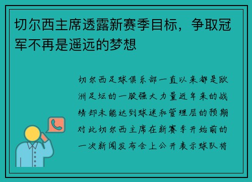 切尔西主席透露新赛季目标，争取冠军不再是遥远的梦想